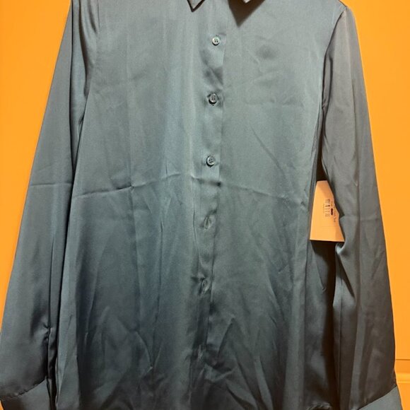 *NWT* Skies are Blue Long Sleeve Button Blouse Silk-Like Dark Teal Blue - Picture 4 of 4